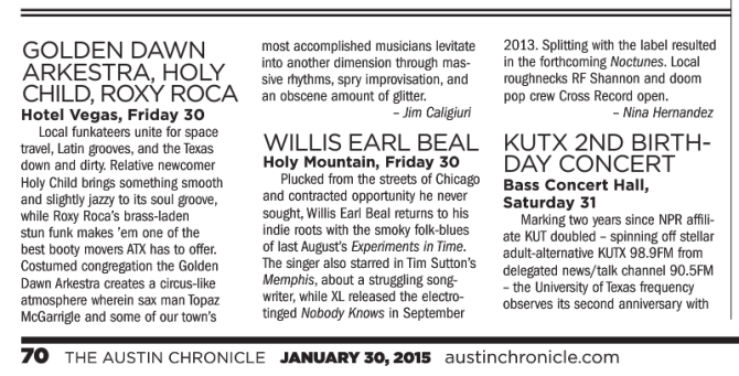 Austin Chronicle Recommends Funk Supremacy Part 10 at Hotel Vegas in Austin Fri 1/30 with Golden Dawn Arkestra, ROXY ROCA, and The Holy Child